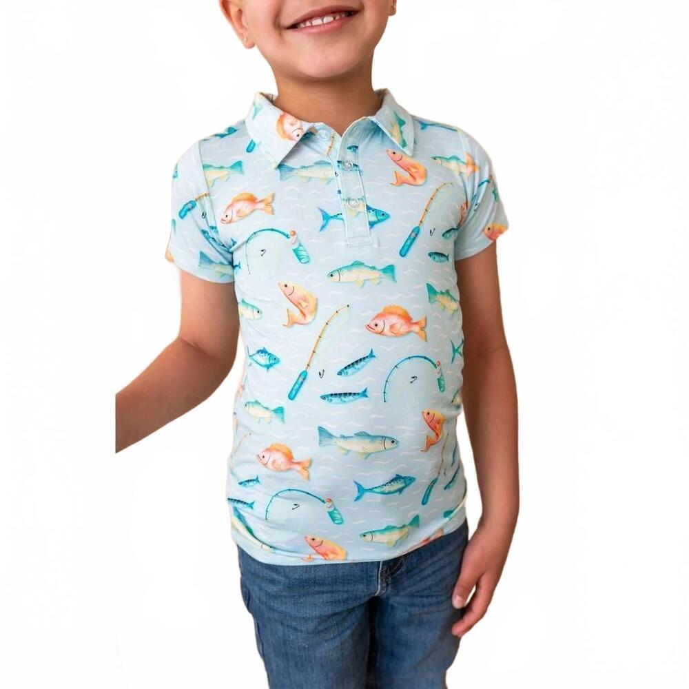 NEW BIRDIE BEAN boy's catch of the day polo shirt in sky blue